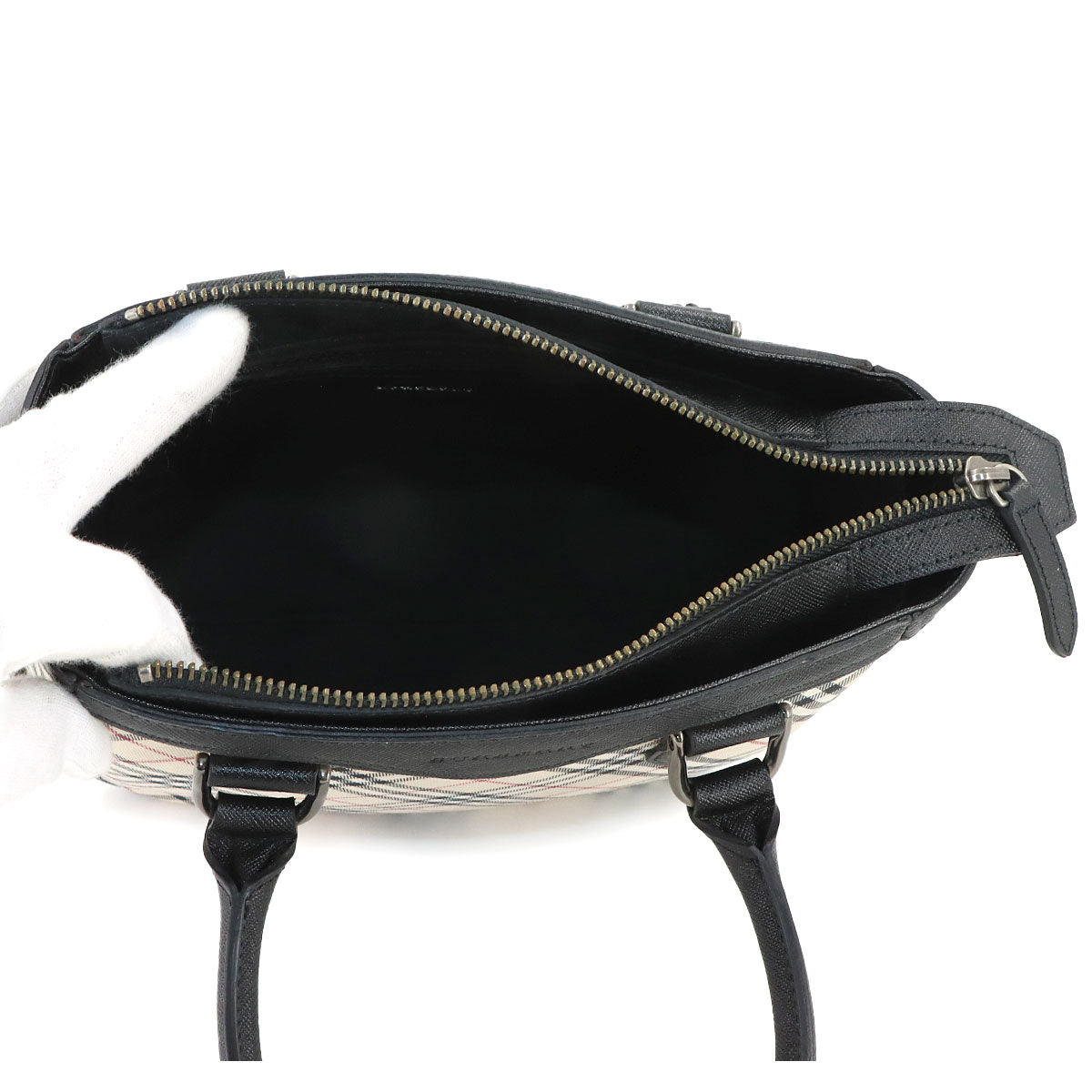 Plaid Hand Bag Canvas Leather Beige Black Purse