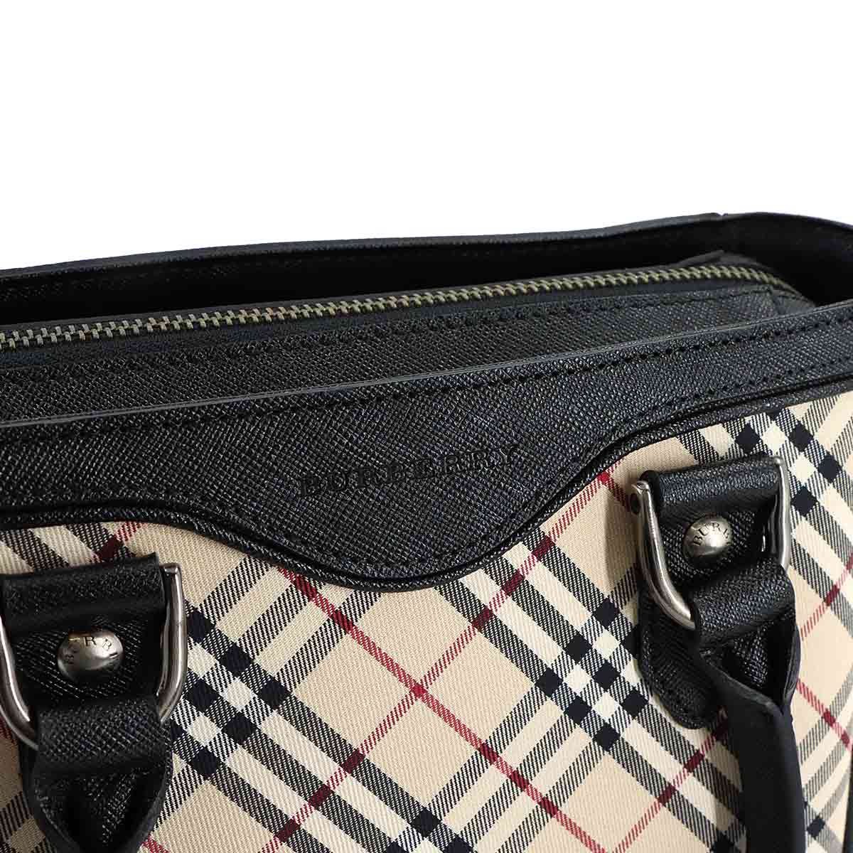 Plaid Hand Bag Canvas Leather Beige Black Purse