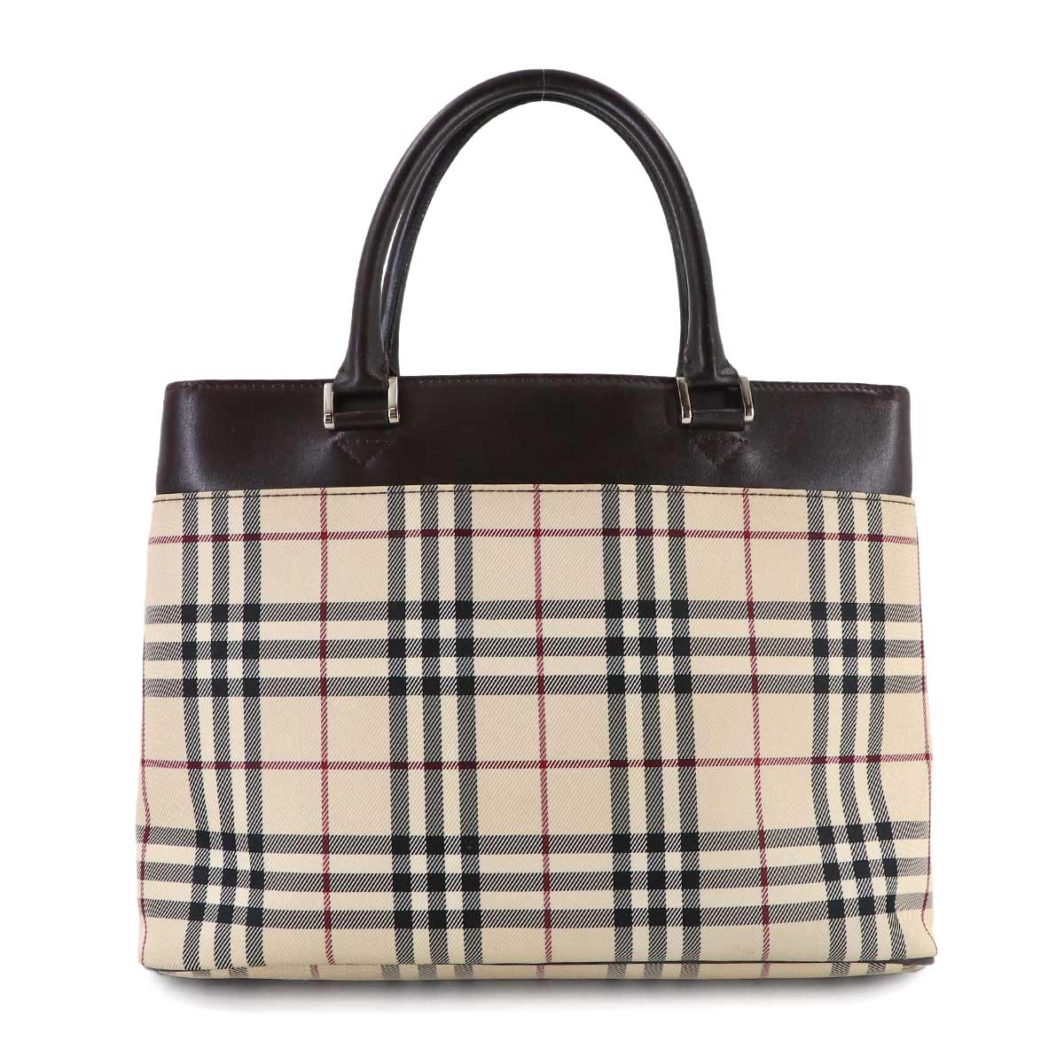 Plaid Hand Bag Canvas Leather Beige Brown Purse