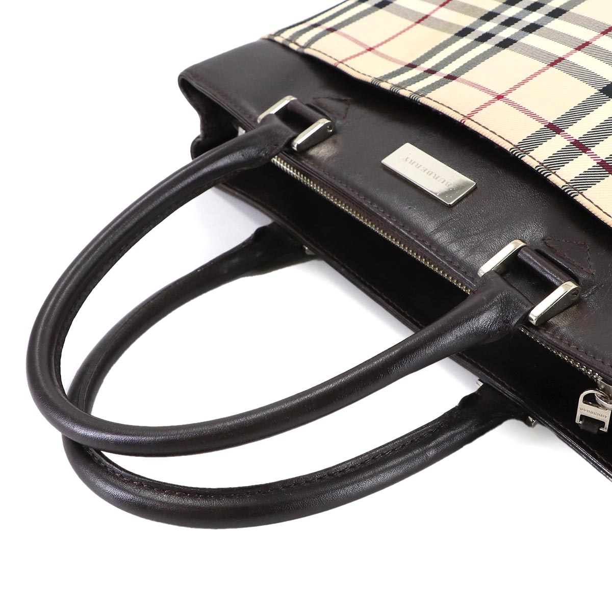 Plaid Hand Bag Canvas Leather Beige Brown Purse