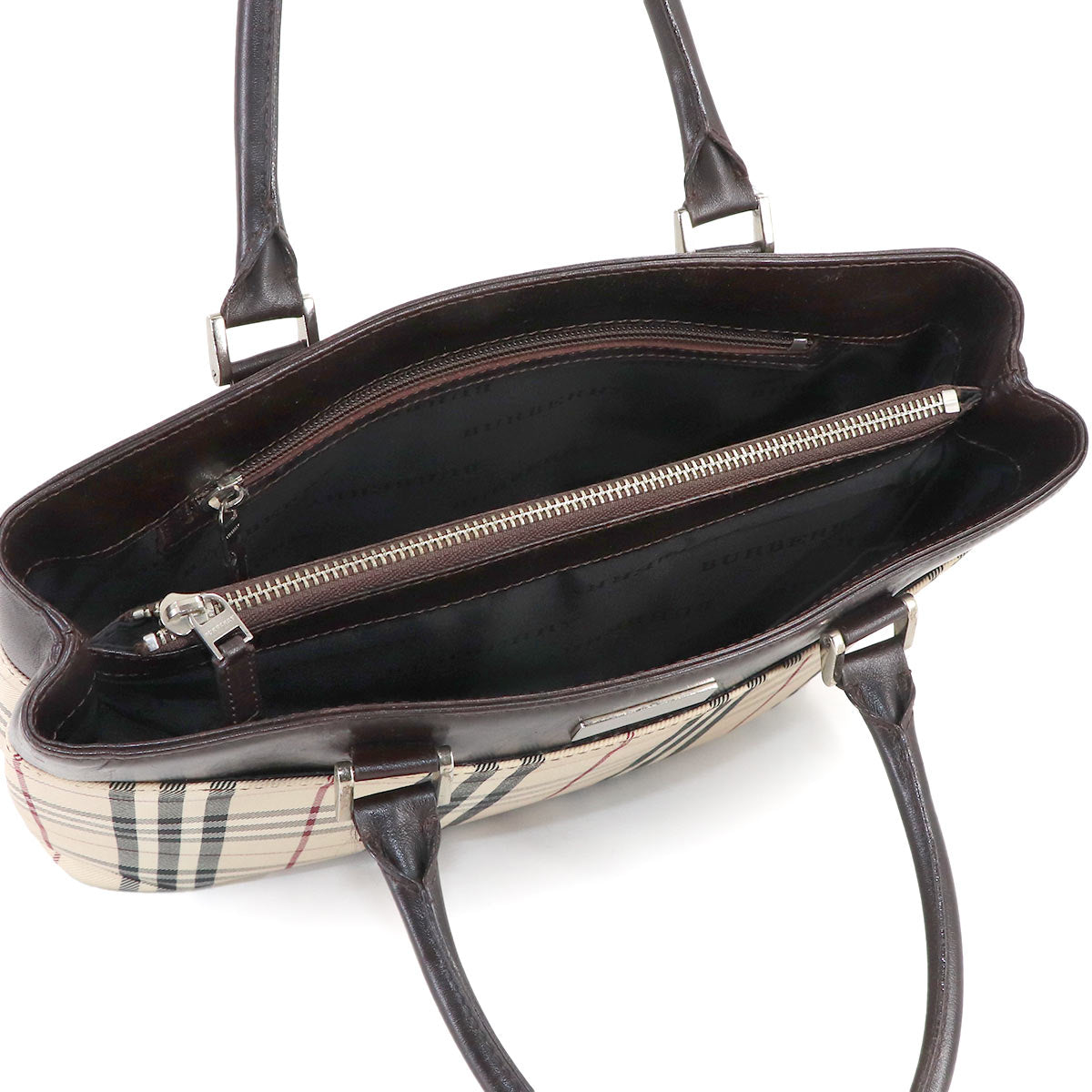 Plaid Hand Bag Canvas Leather Beige Brown Purse