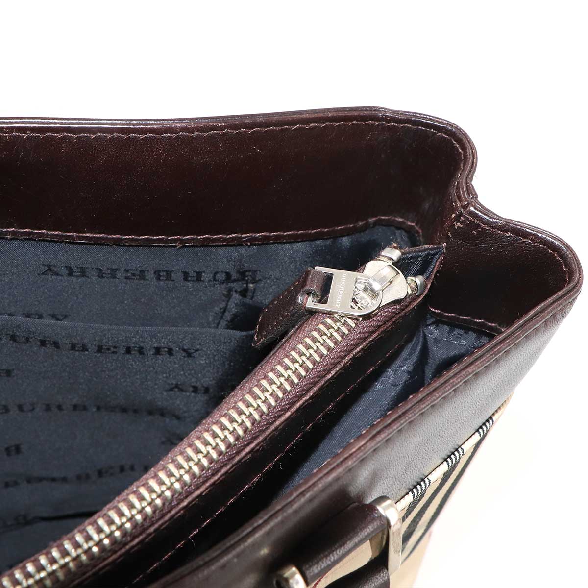 Plaid Hand Bag Canvas Leather Beige Brown Purse