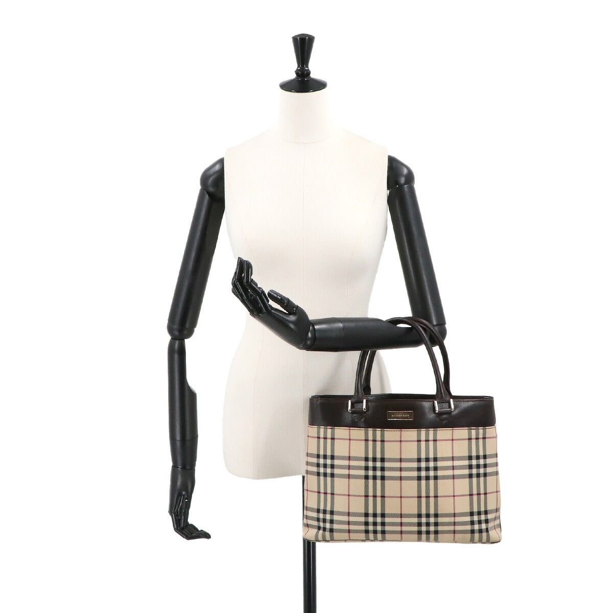 Plaid Hand Bag Canvas Leather Beige Brown Purse