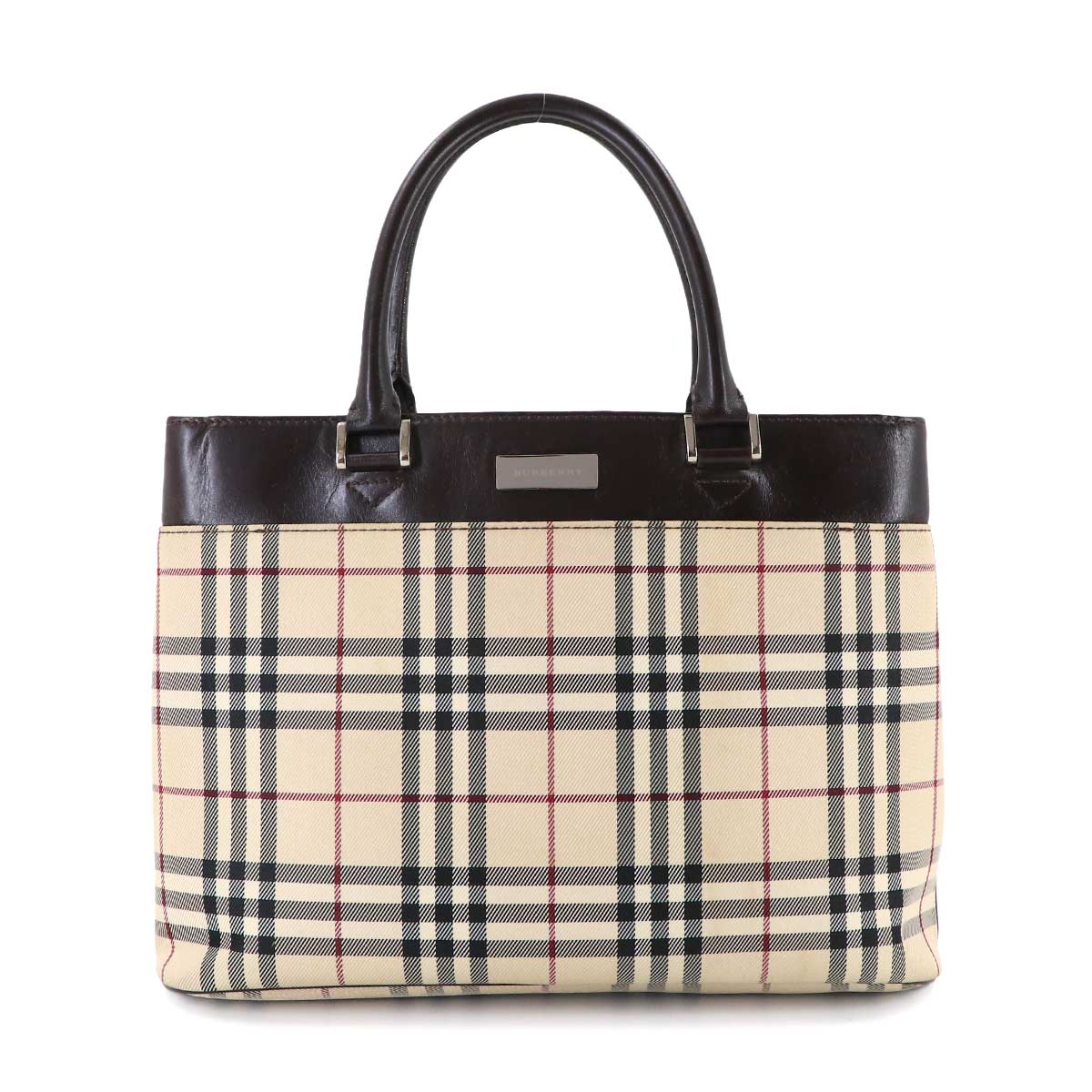 Plaid Hand Bag Canvas Leather Beige Brown Purse