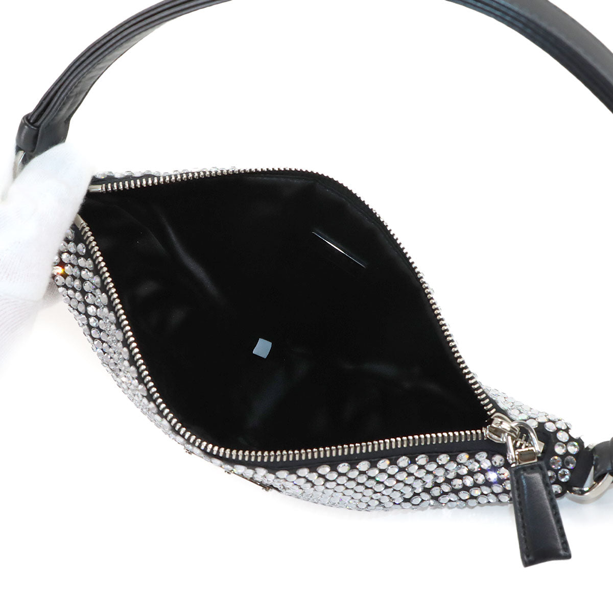 Triangle Pouch Shoulder Bag Satin Crystal RhineStone Black 1NQ044