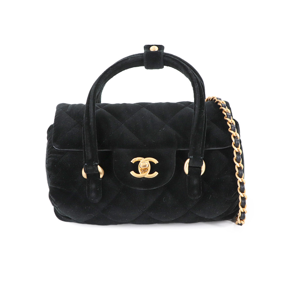 Matelasse Hand Chain Shoulder Bag Velvet Leather Black