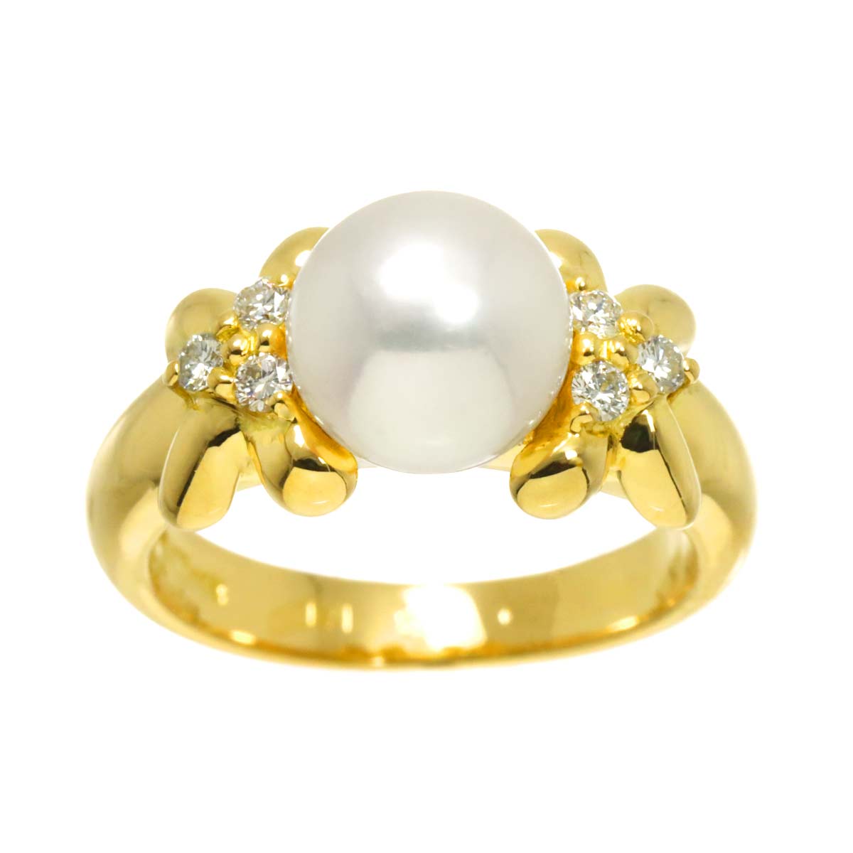 Akoya Pearl 7.6mm Diamond Ring 18K YG 750 Size4(US)