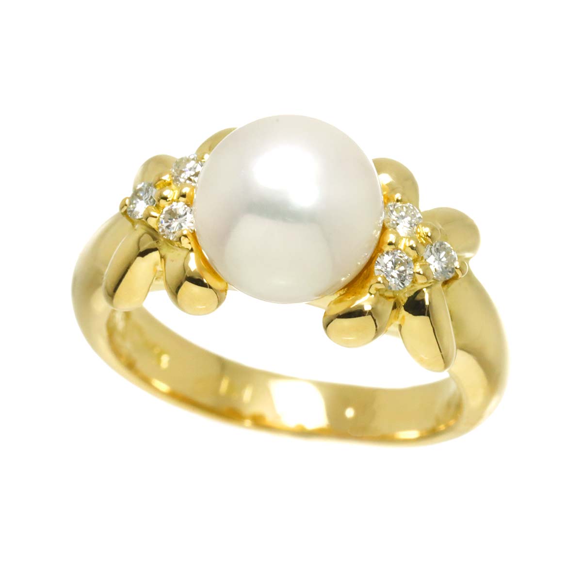 Akoya Pearl 7.6mm Diamond Ring 18K YG 750 Size4(US)