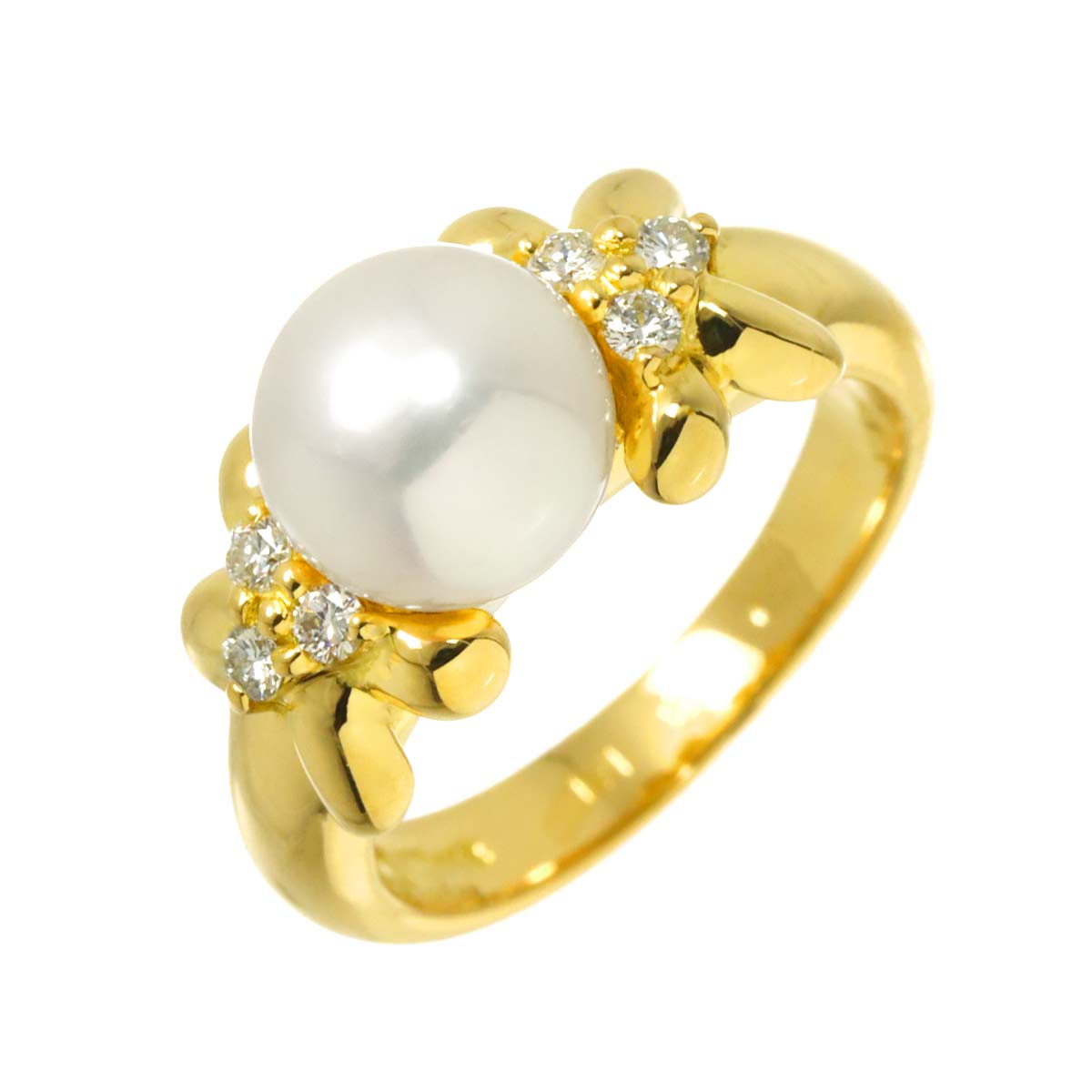 Akoya Pearl 7.6mm Diamond Ring 18K YG 750 Size4(US)