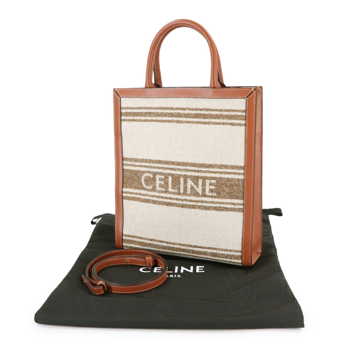 Small Vertical Cabas Tote Shoulder Bag Textile Leather Tabacco