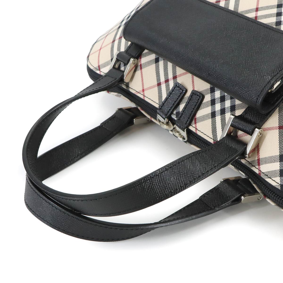 Plaid Hand Bag Canvas Leather Beige Black Purse