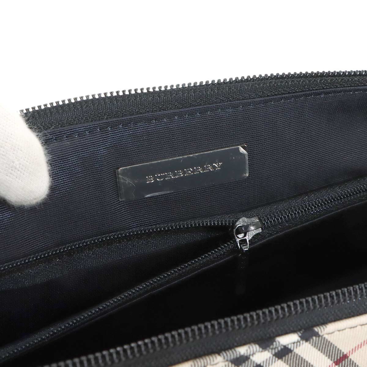 Plaid Hand Bag Canvas Leather Beige Black Purse