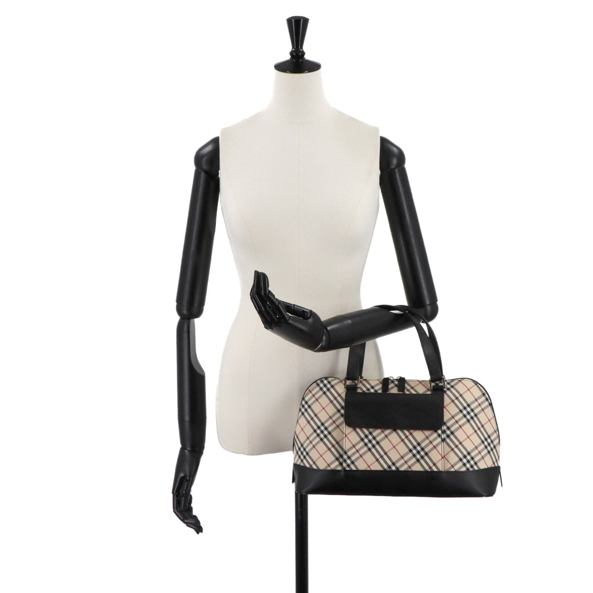 Plaid Hand Bag Canvas Leather Beige Black Purse