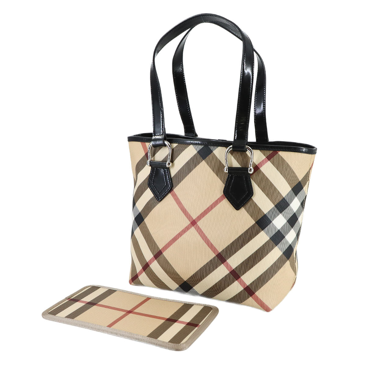 Plaid Tote Bag PVC Leather Beige Brown Purse