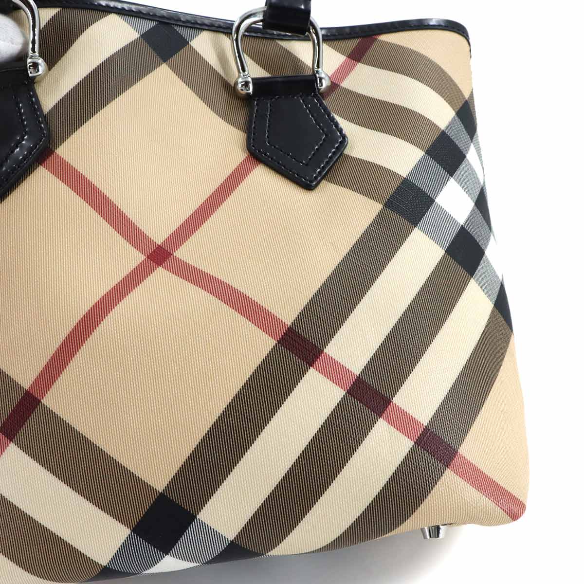 Plaid Tote Bag PVC Leather Beige Brown Purse