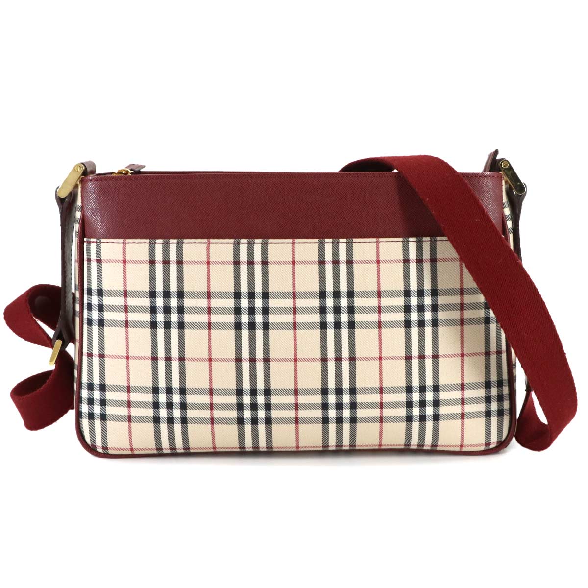 Plaid Shoulder Bag Canvas Leather Beige Bordeaux Purse