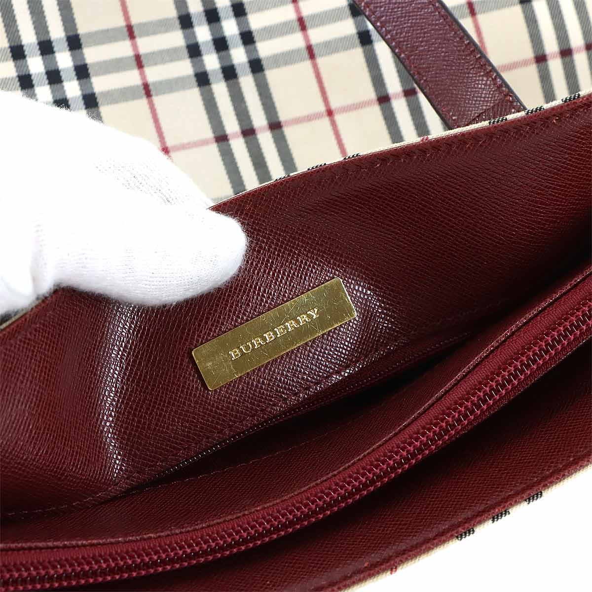 Plaid Tote Bag Canvas Leather Beige Bordeaux Purse