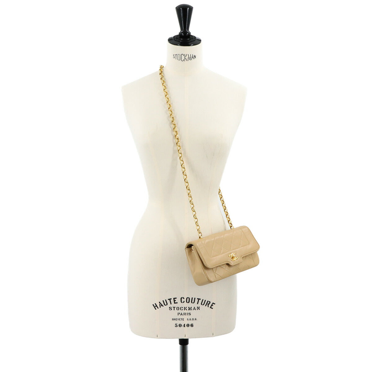 Matelasse Chain Shoulder Bag Leather Beige Vintage Purse