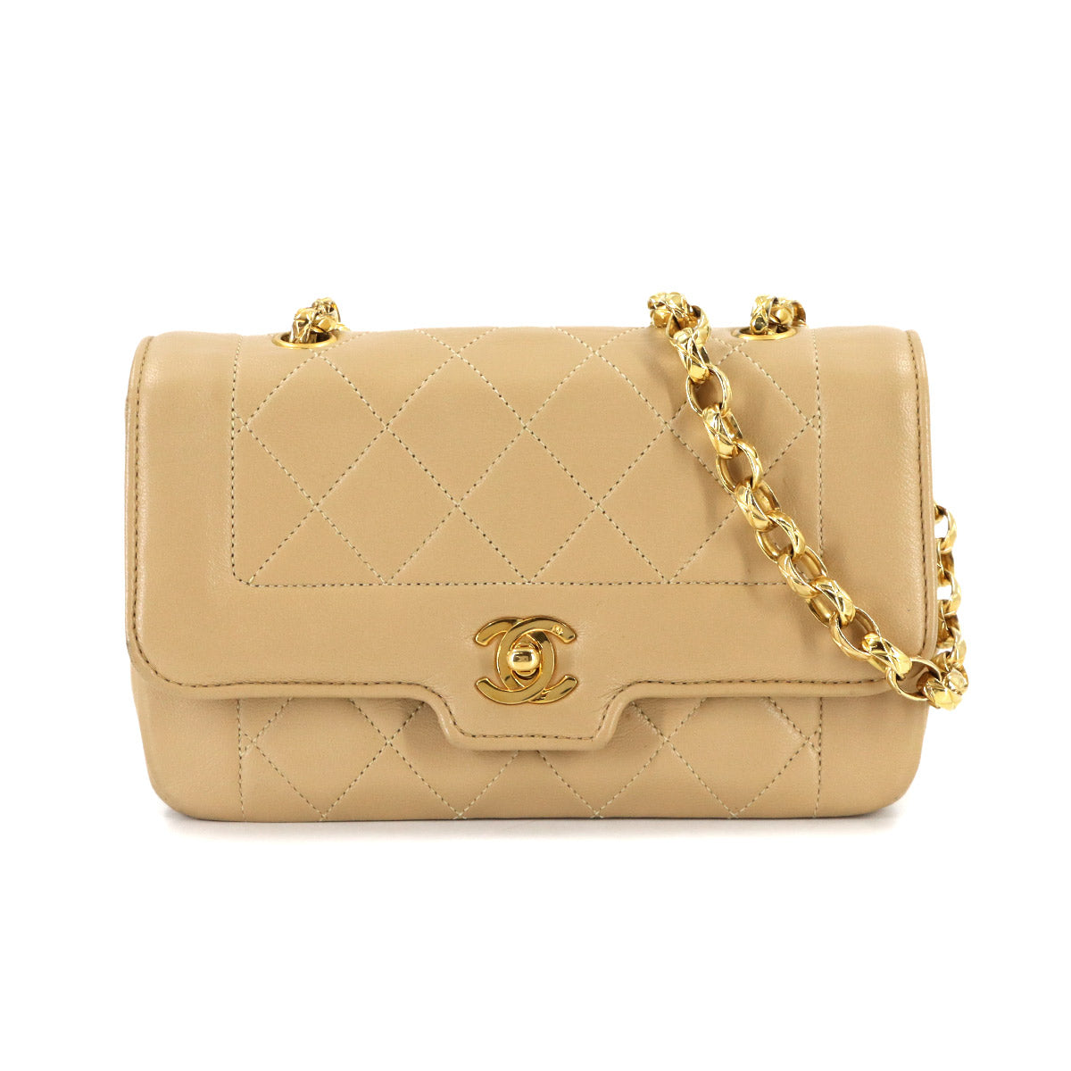 Matelasse Chain Shoulder Bag Leather Beige Vintage Purse
