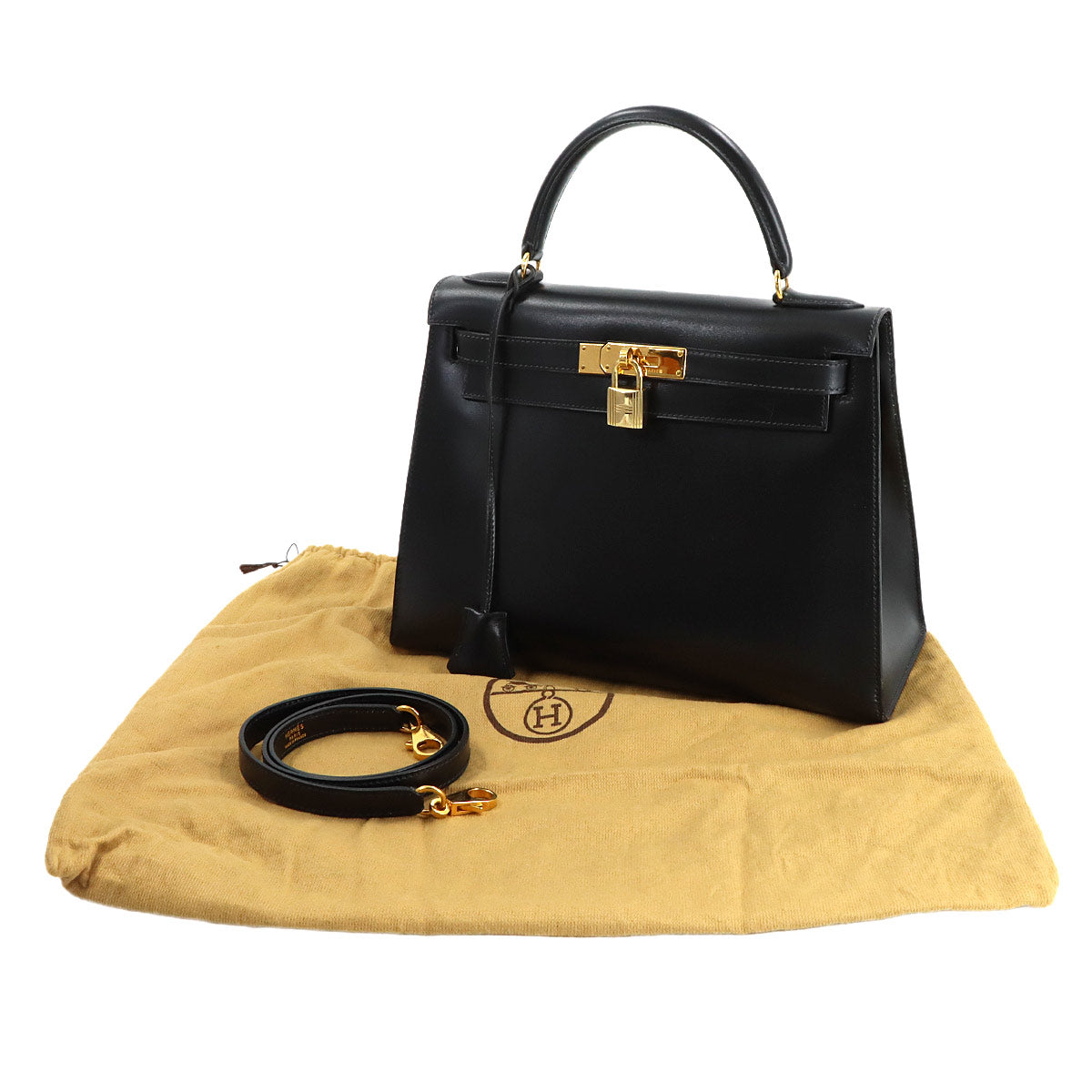 Kelly 28 Box carf Black 2way Hand Shoulder Bag Purse