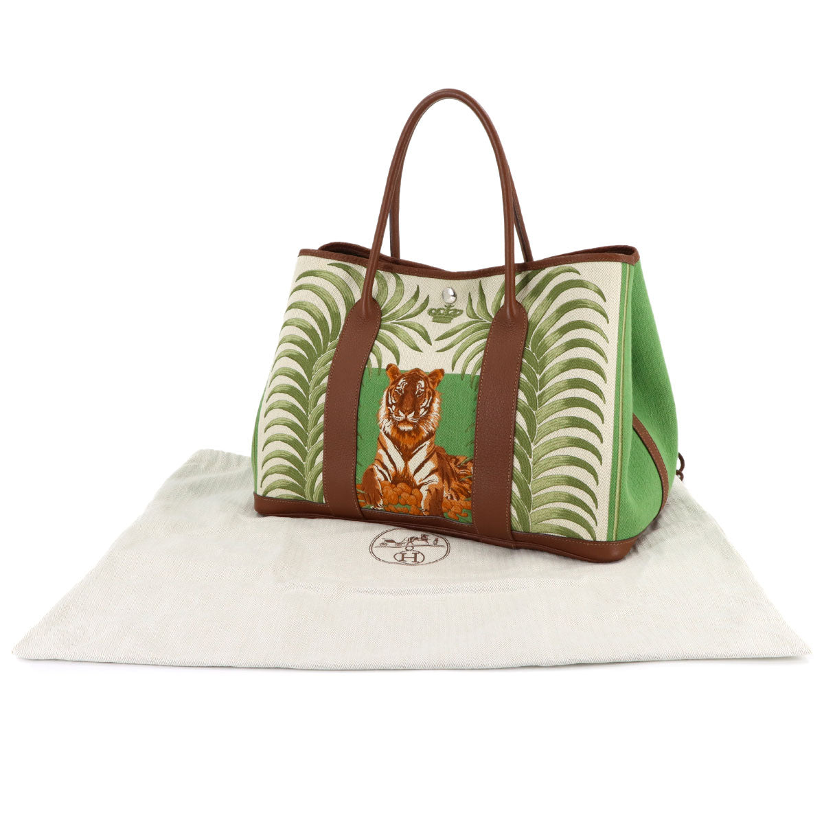 Garden Party PM Tote Bag Toile Chevrons Leather Green Tigar