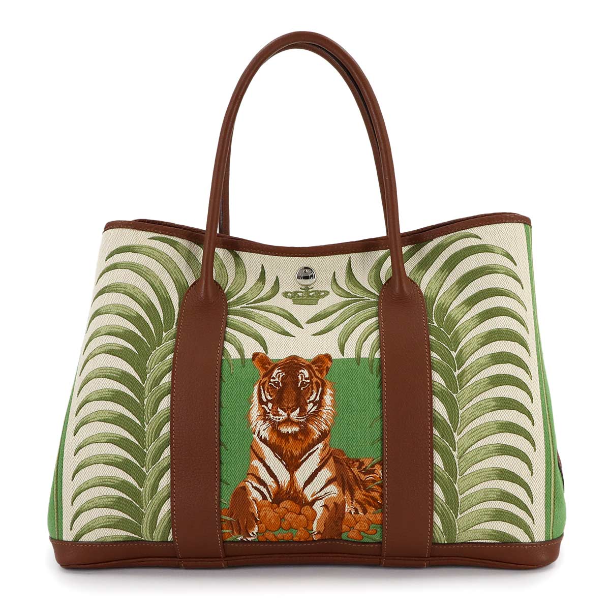 Garden Party PM Tote Bag Toile Chevrons Leather Green Tigar