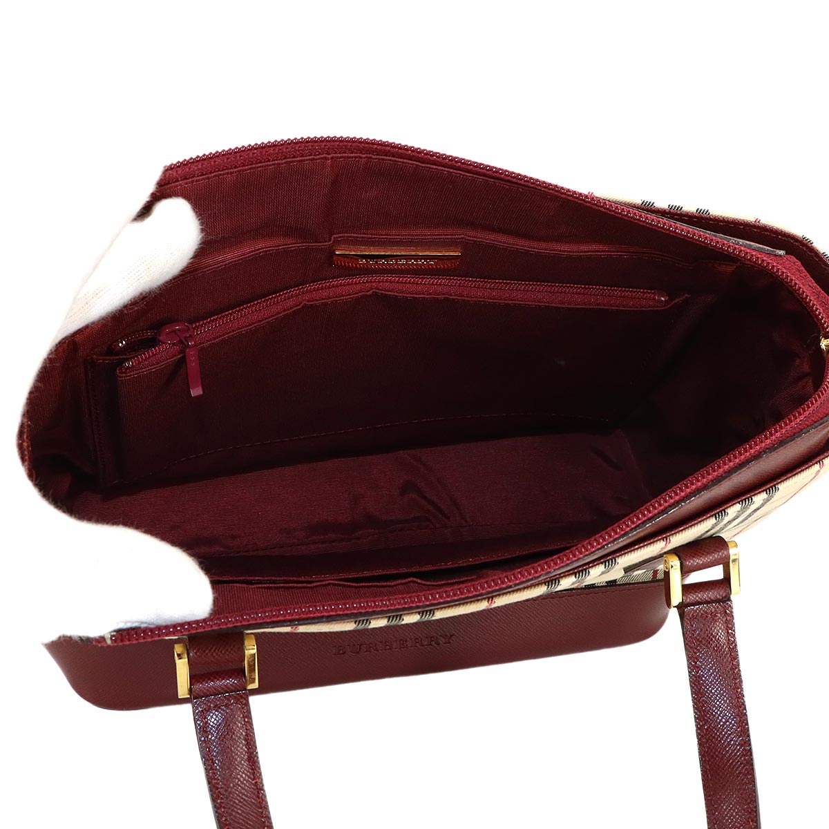 Plaid Hand Bag Canvas Leather Beige Bordeaux Purse