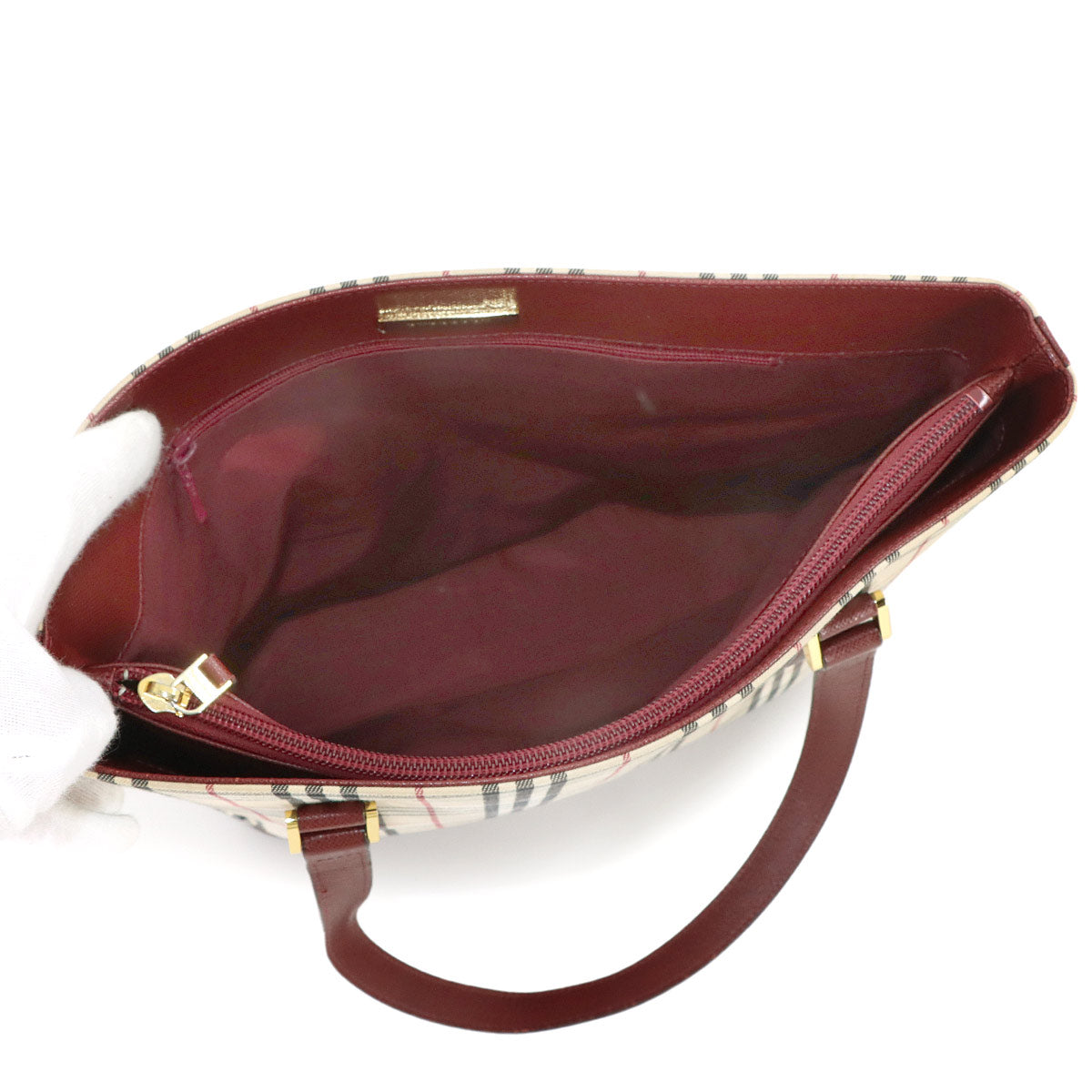 Plaid Tote Bag Canvas Leather Beige Bordeaux Purse
