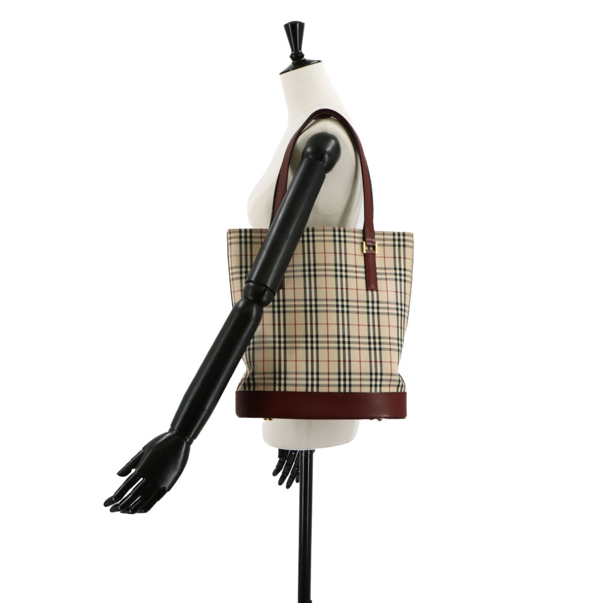 Plaid Tote Bag Canvas Leather Beige Bordeaux Purse