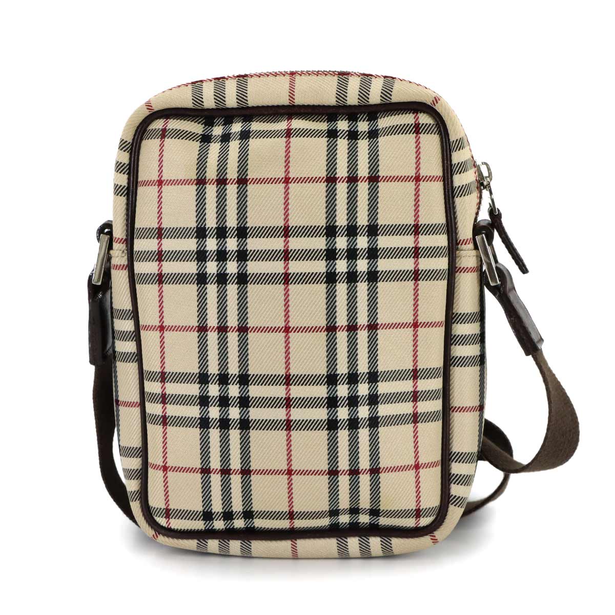 Plaid Shoulder Bag Canvas Leather Beige Brown Purse