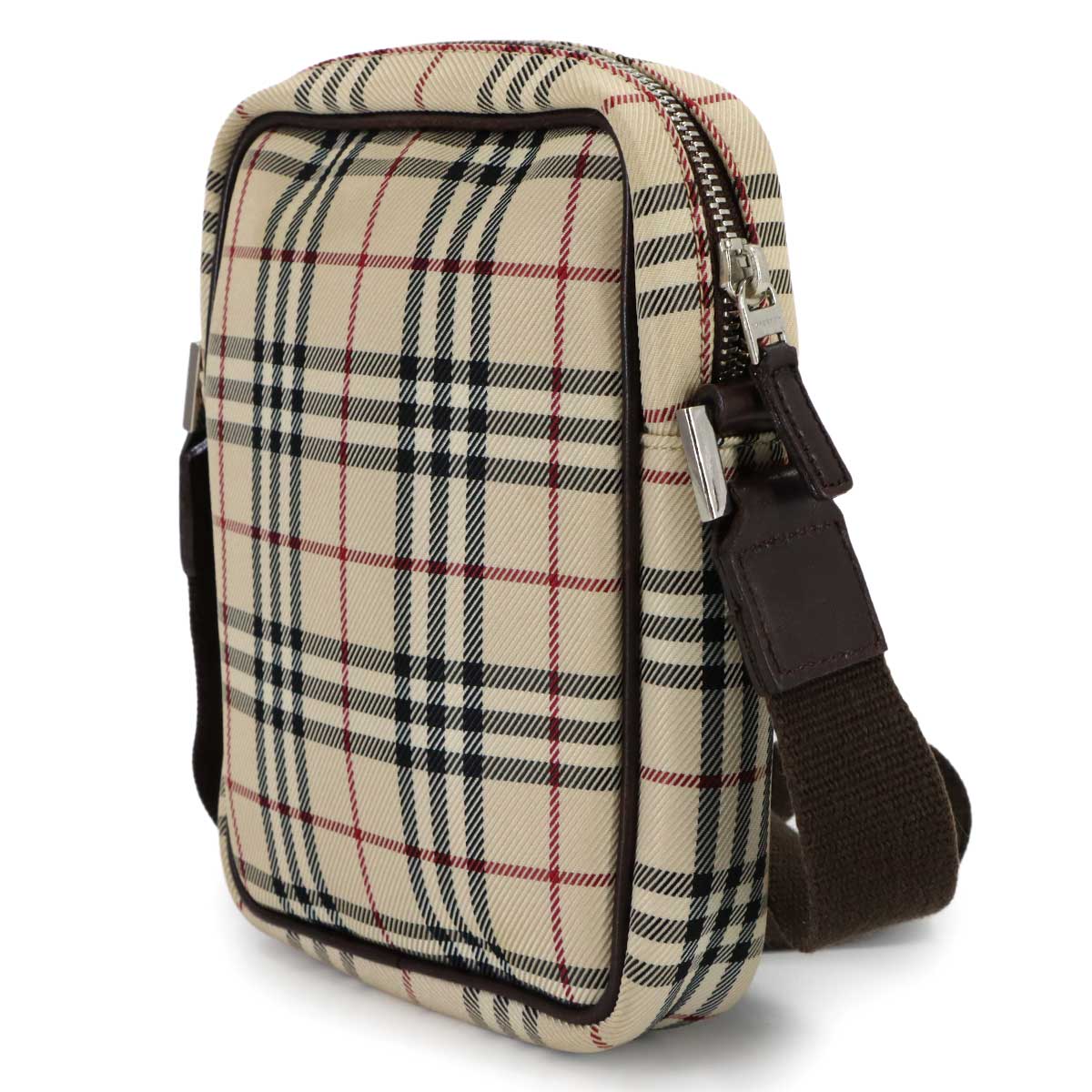 Plaid Shoulder Bag Canvas Leather Beige Brown Purse