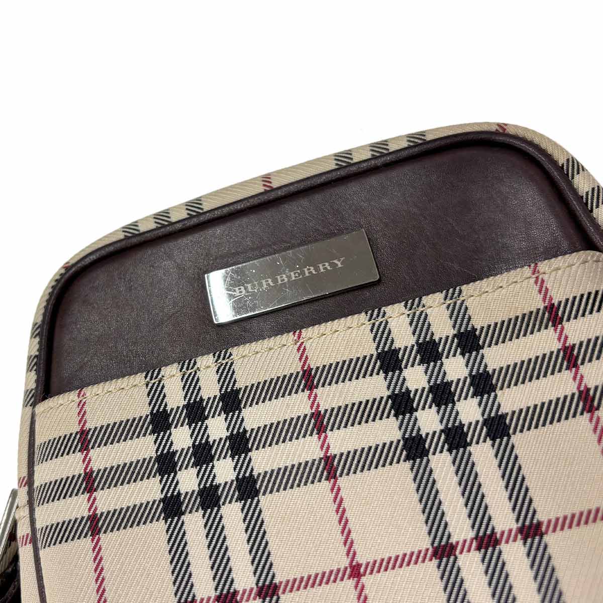 Plaid Shoulder Bag Canvas Leather Beige Brown Purse