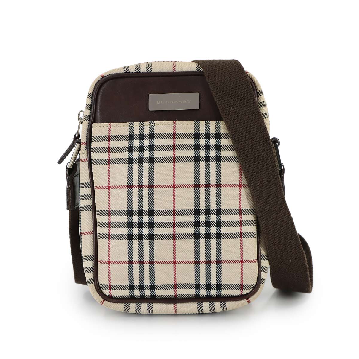 Plaid Shoulder Bag Canvas Leather Beige Brown Purse