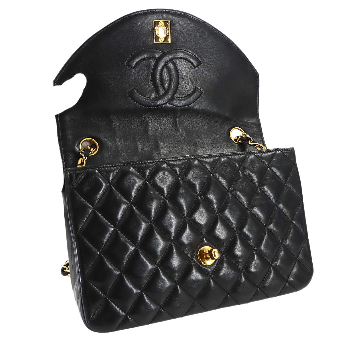 Matelasse Chain Shoulder Bag Leather Black Vintage