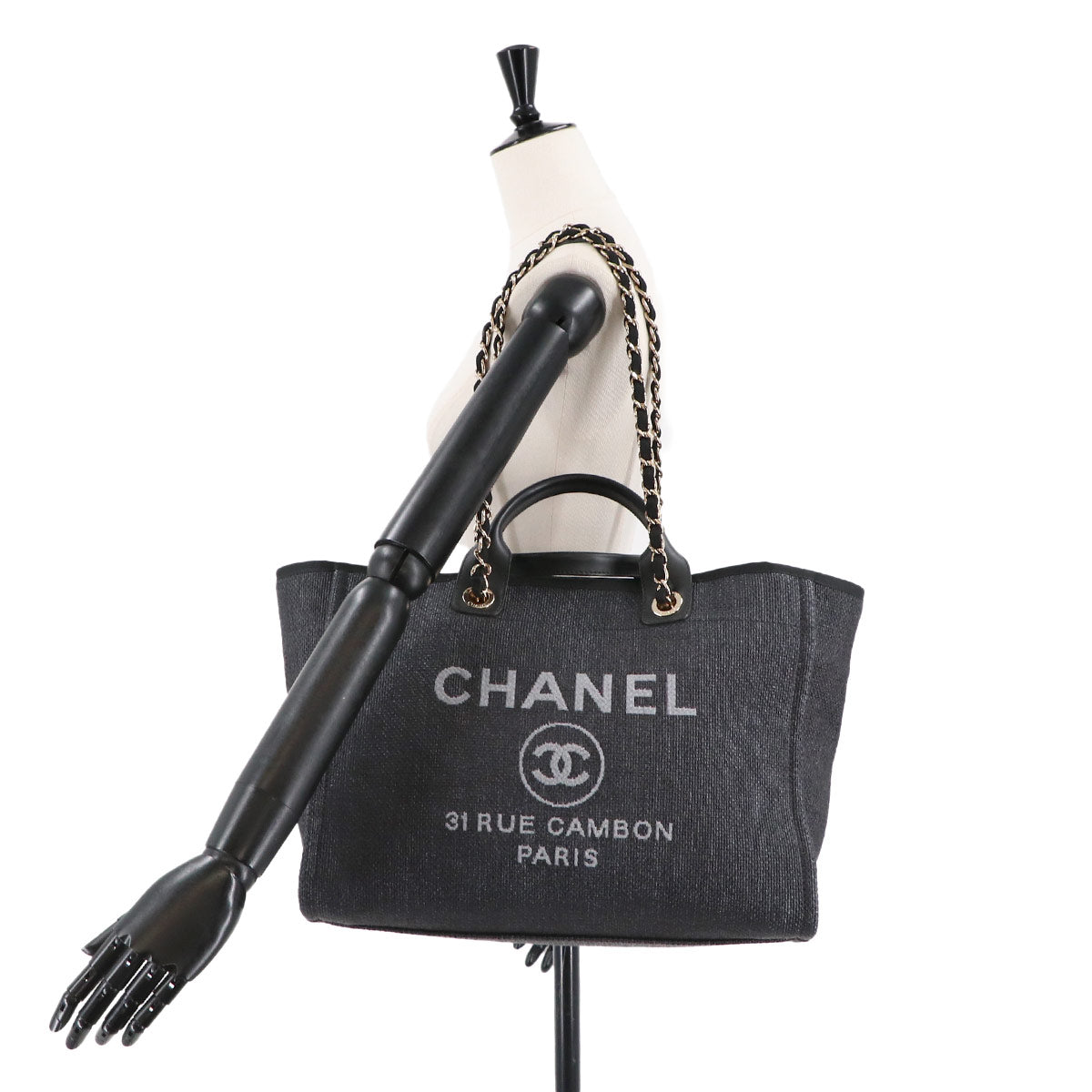 Deauville GM Tote Chain Shoulder Bag Raffia Gray Black A66941