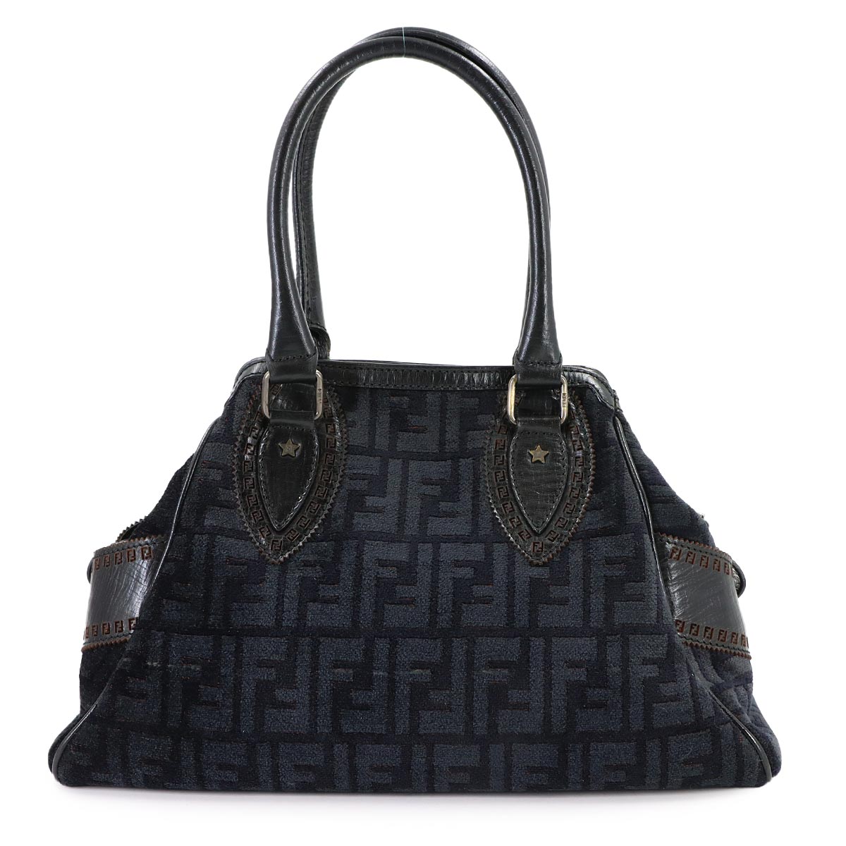 Etnico Zucca Hand Bag Velour Leather Navy Black 8BN157
