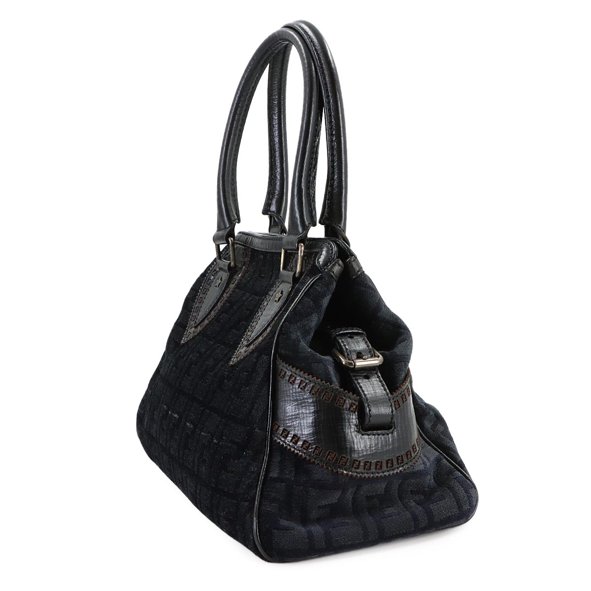 Etnico Zucca Hand Bag Velour Leather Navy Black 8BN157