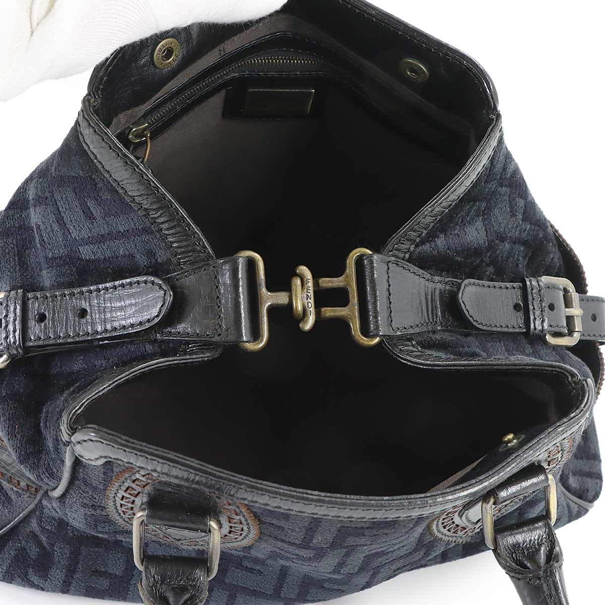Etnico Zucca Hand Bag Velour Leather Navy Black 8BN157