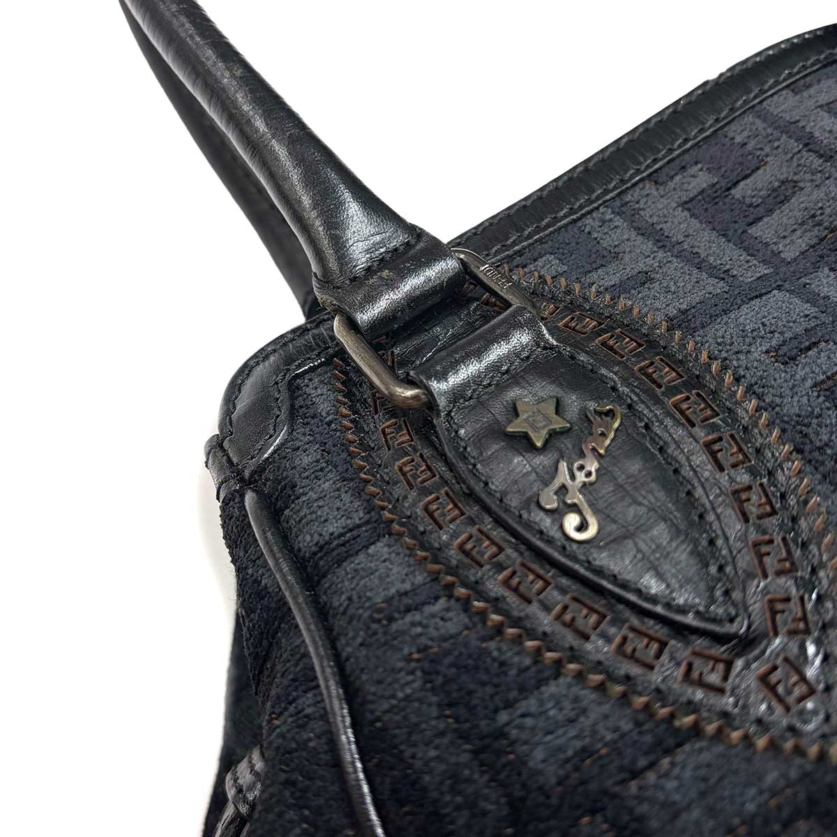 Etnico Zucca Hand Bag Velour Leather Navy Black 8BN157