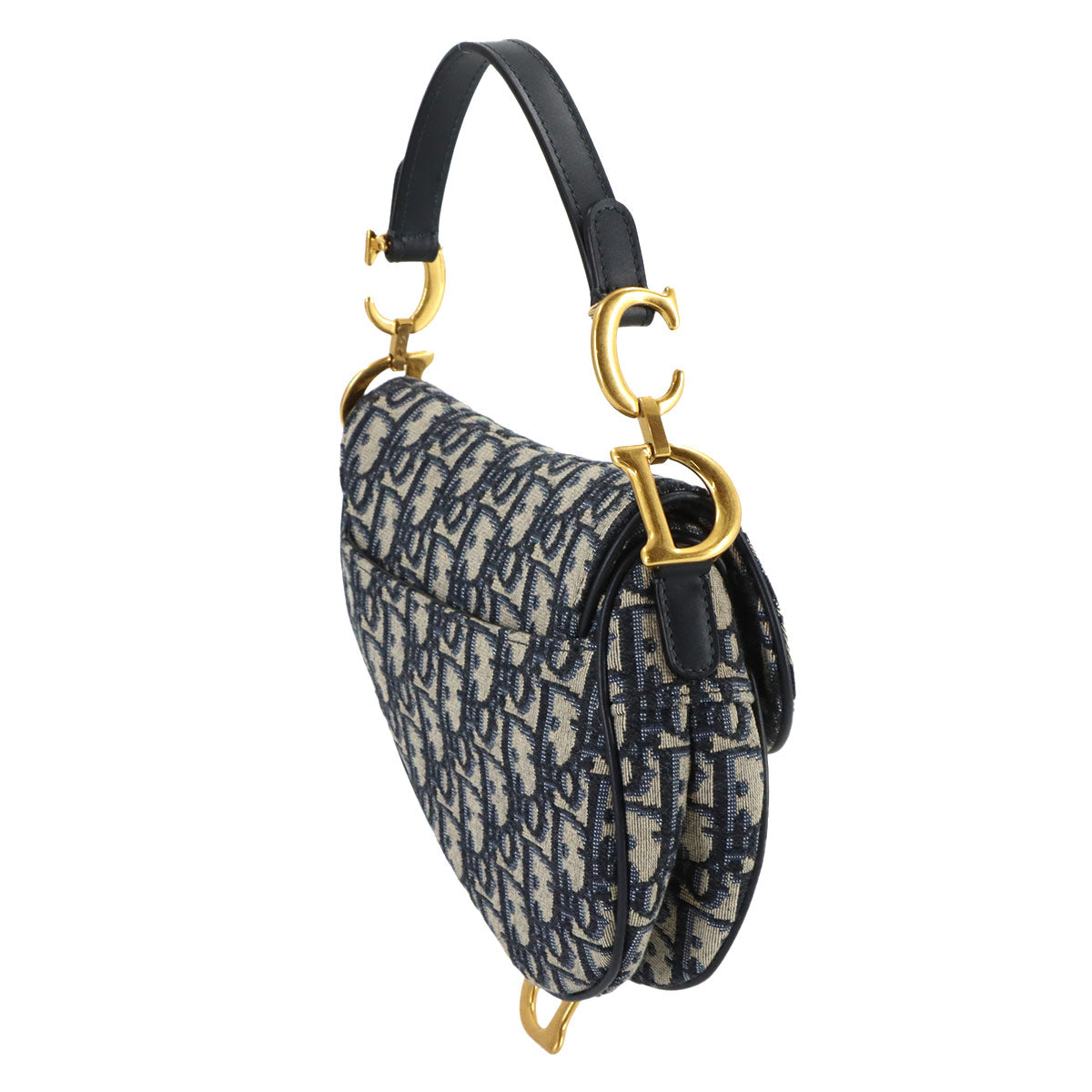Saddle Mini Hand Shoulder Bag Canvas Leather Navy