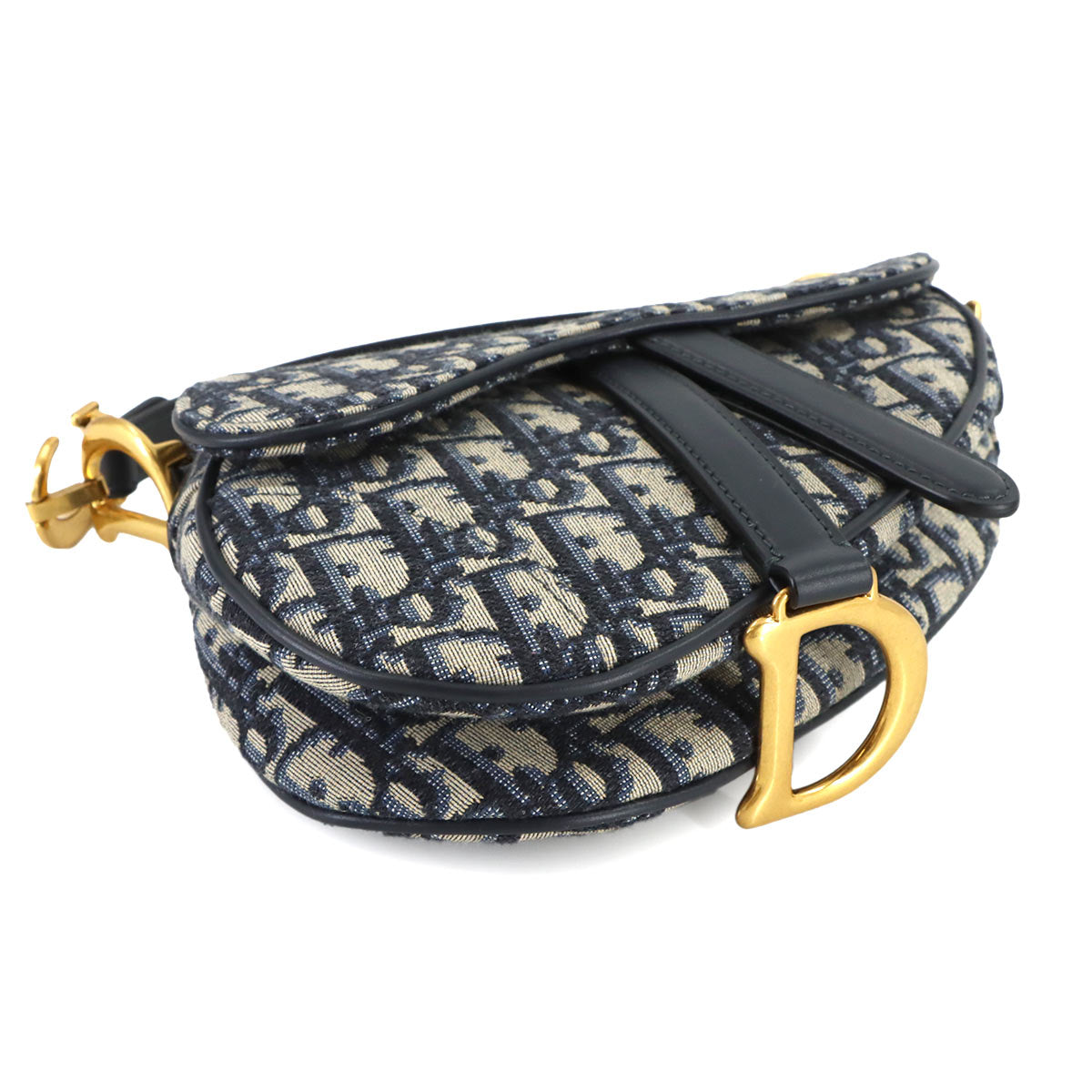 Saddle Mini Hand Shoulder Bag Canvas Leather Navy