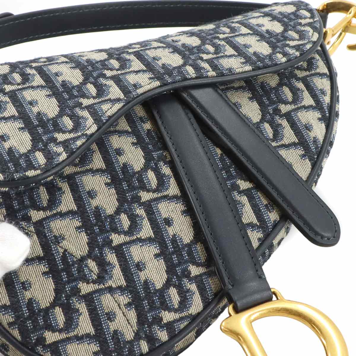 Saddle Mini Hand Shoulder Bag Canvas Leather Navy