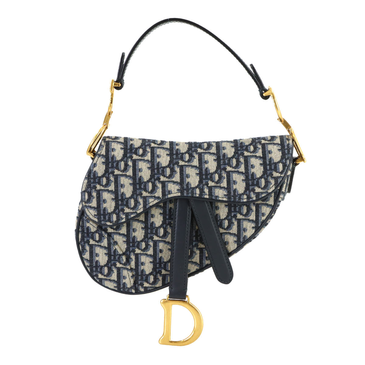 Saddle Mini Hand Shoulder Bag Canvas Leather Navy