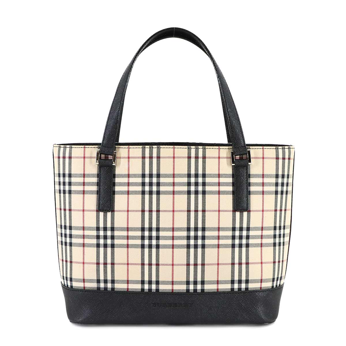 Plaid Hand Bag Canvas Leather Beige Black Purse