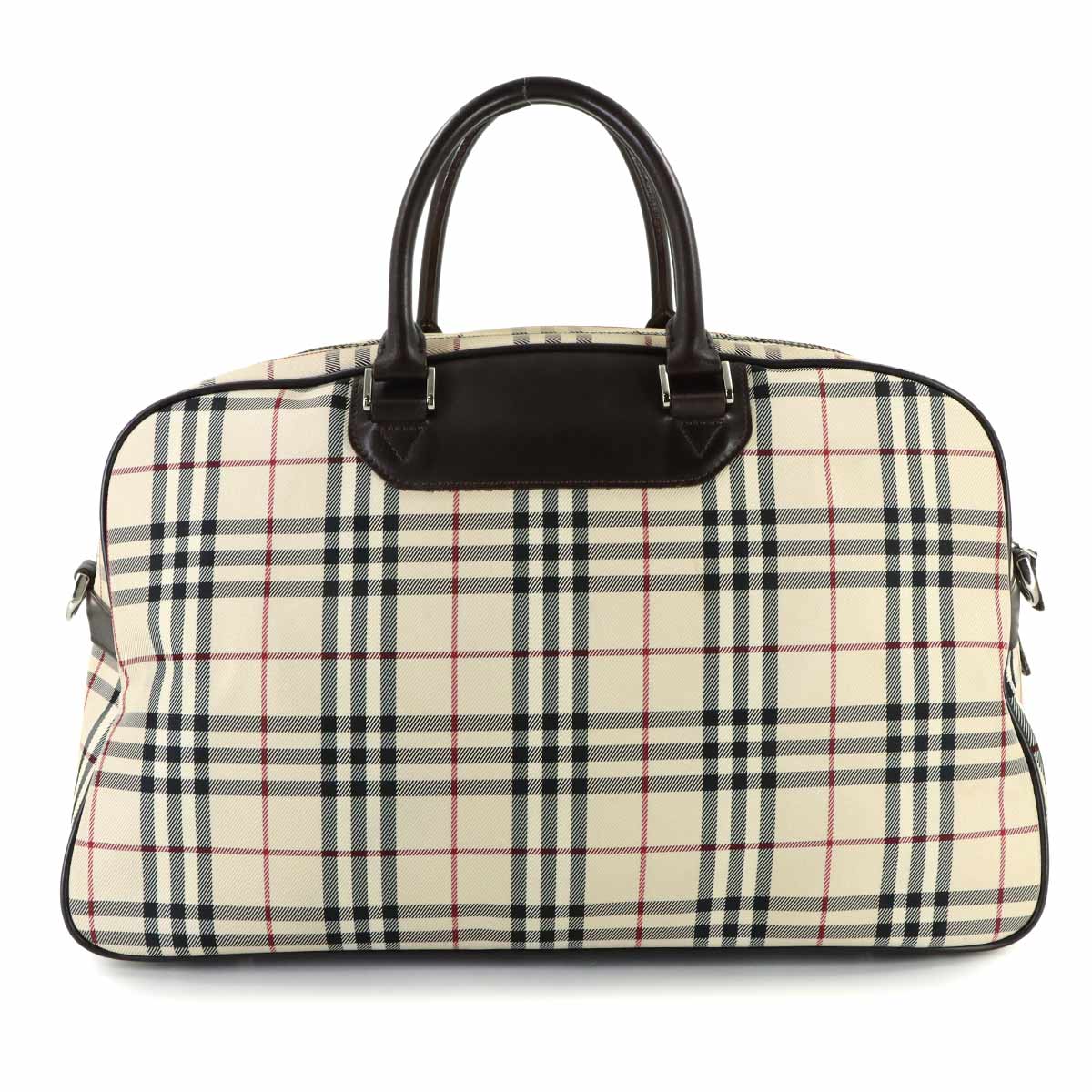 Plaid Boston Shoulder Bag Canvas Leather Beige Brown
