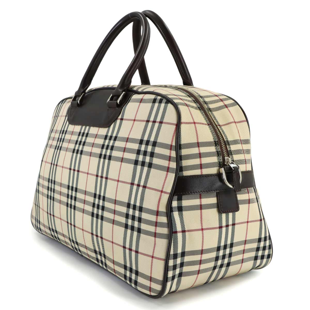 Plaid Boston Shoulder Bag Canvas Leather Beige Brown