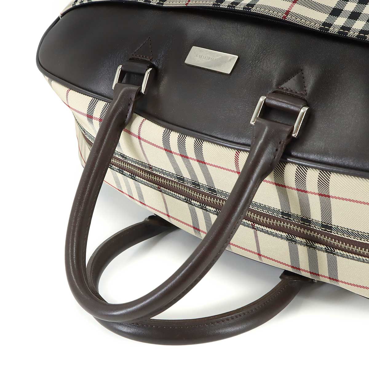 Plaid Boston Shoulder Bag Canvas Leather Beige Brown