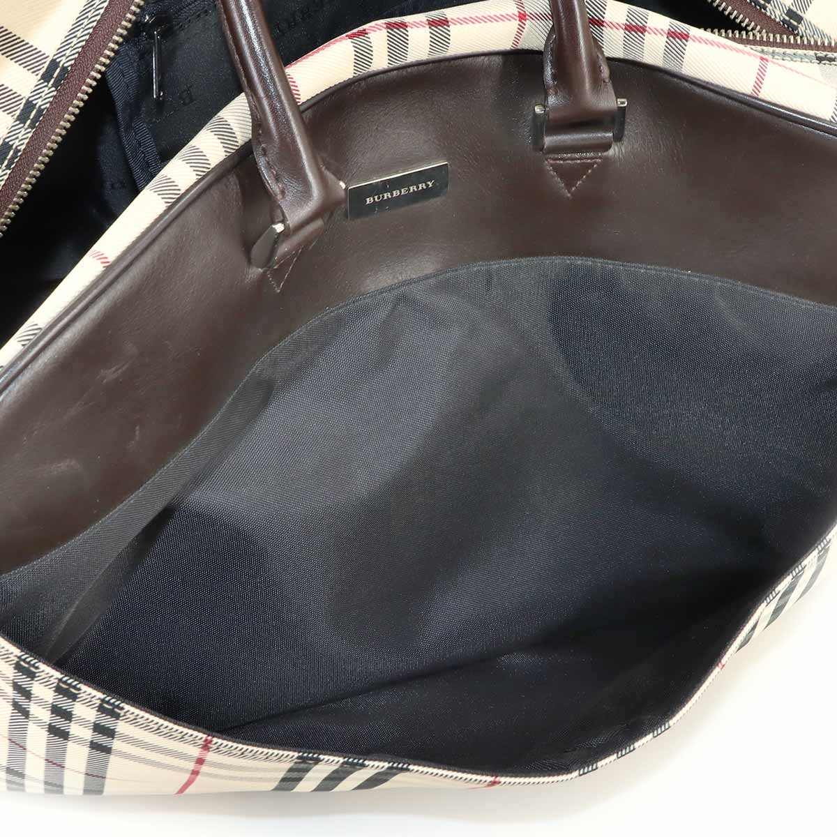 Plaid Boston Shoulder Bag Canvas Leather Beige Brown