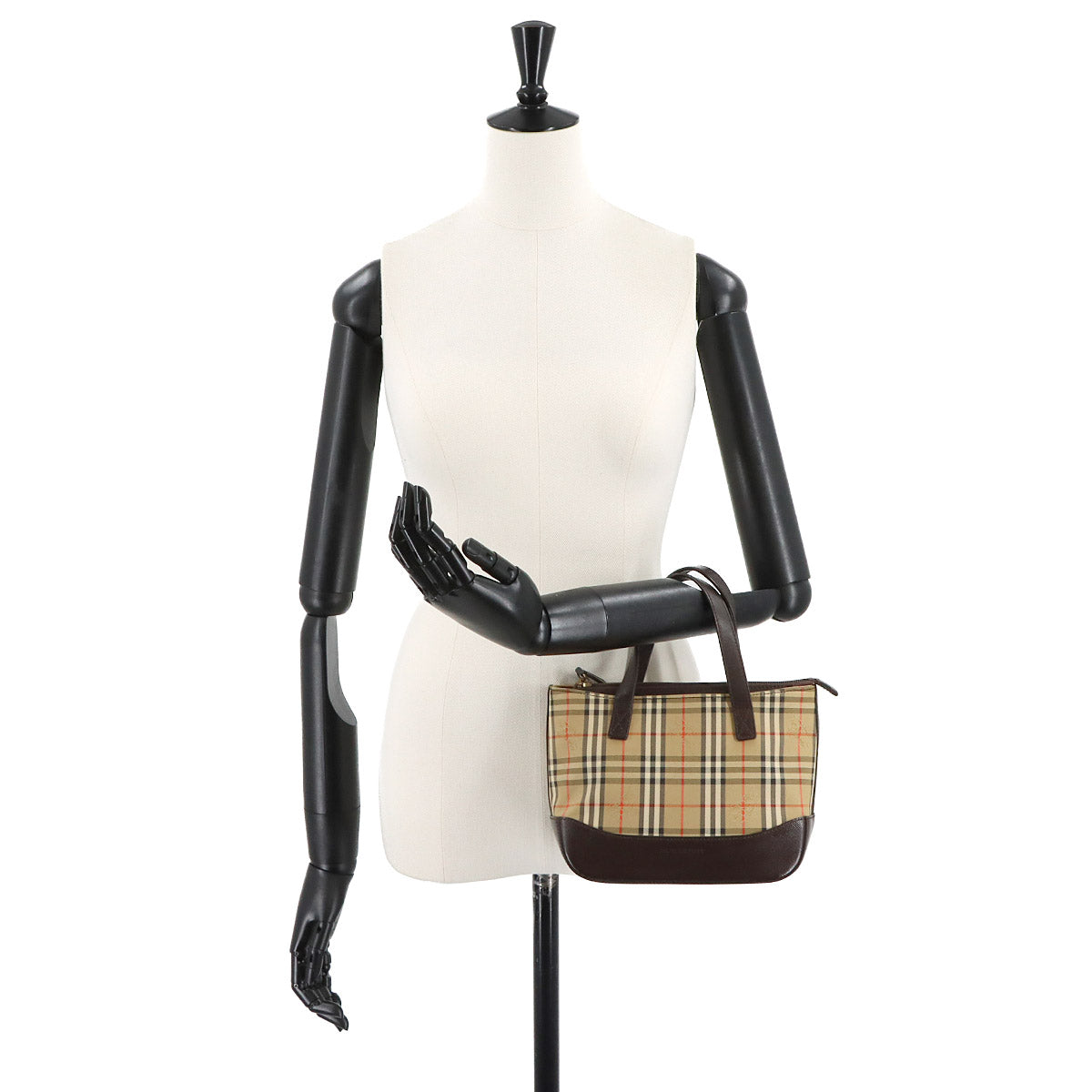 Plaid Hand Bag Canvas Leather Beige Black Haymarket