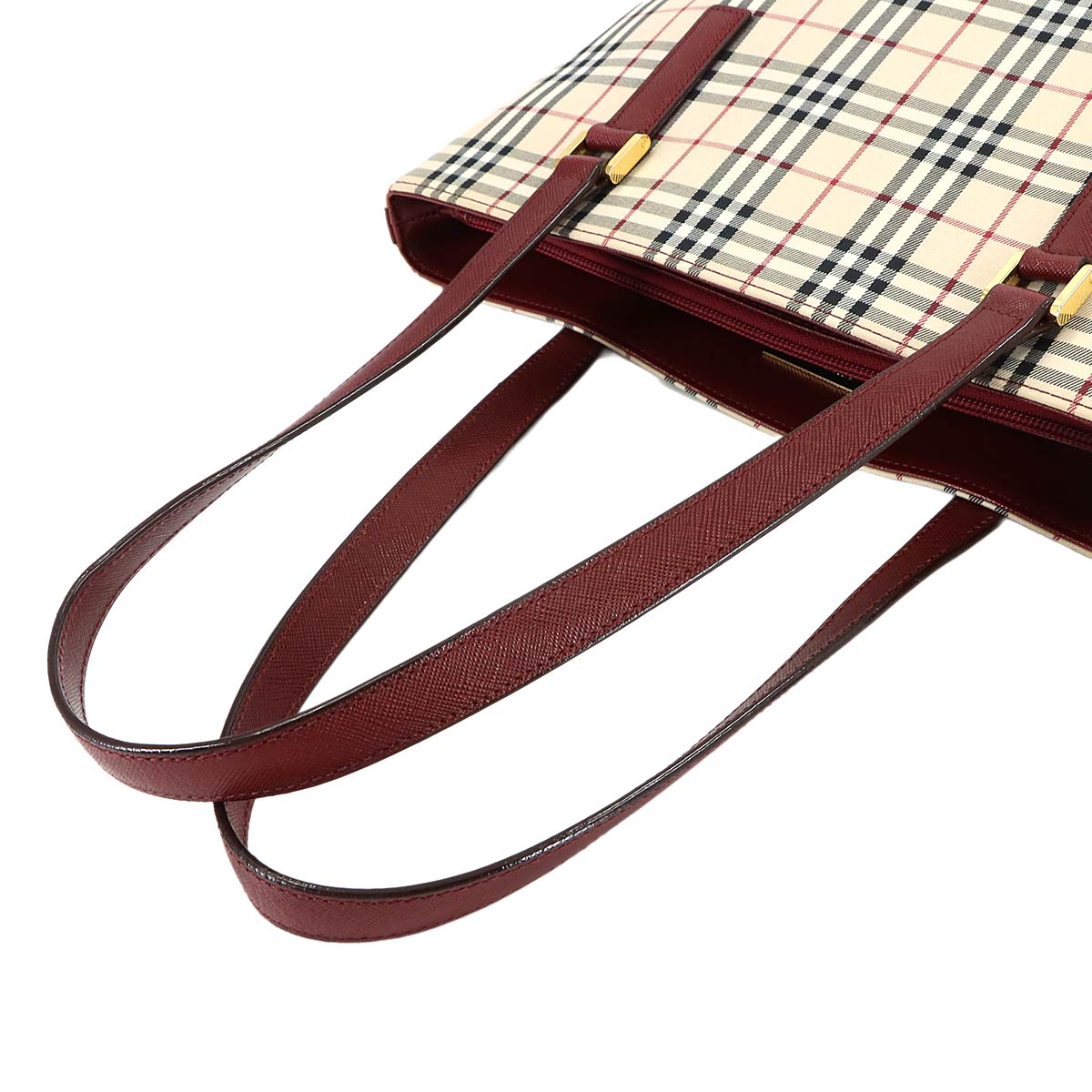 Plaid Tote Bag Canvas Leather Beige Bordeaux Purse